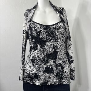 Joseph Ribkoff Womens Top Sz 12 Black White Abstract Sequins Stretch Statement